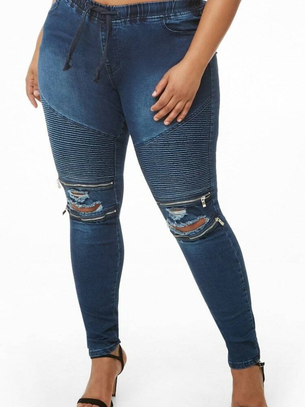 Forever 21 Plus Black/Dark Blue Distressed Super Skinny Zipper Moto Jeans 2X/3X